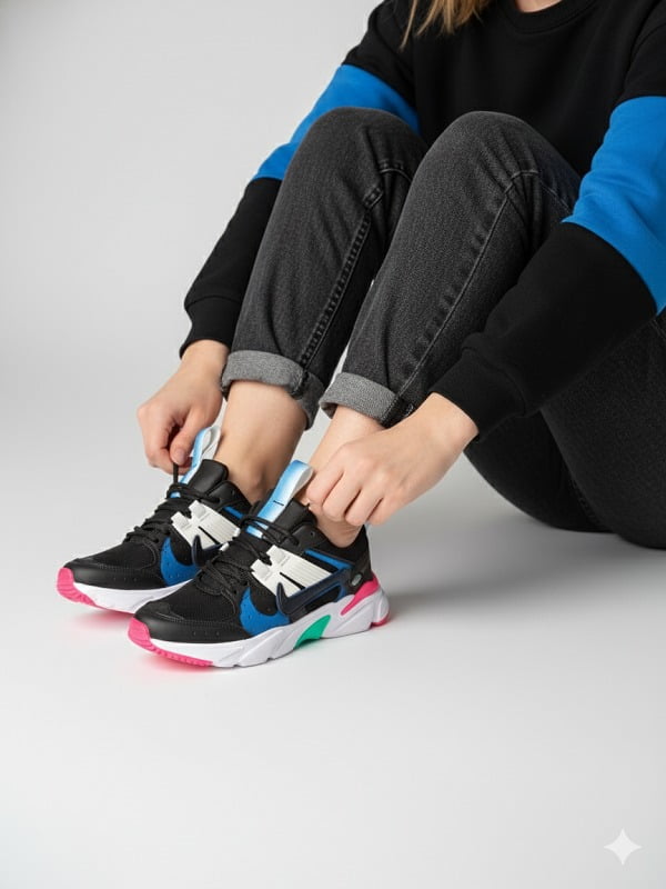 تصویر یک خانم در حال بستن بند کتونی نایک V2K رنگ مشکی