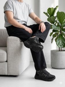 کفش اسپرت طبیعت‌گردی مردانه مشکی در پای مدل با شلوار جین مشکی