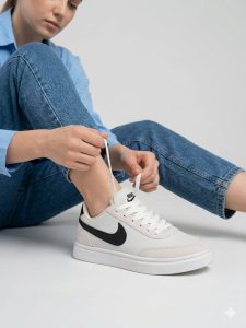 یک خانم در حال بستن بند کتانی نای ونس سفید